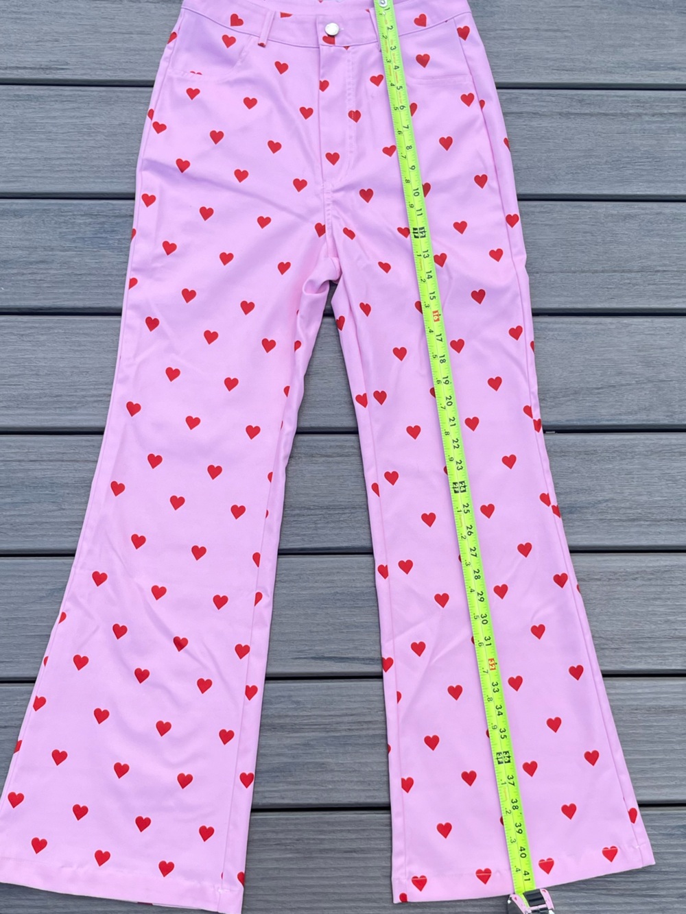 Cider; High Rise; Red Polka Dot Style Heart Print; Pink Flared Trousers; Small - Picture 8 of 10